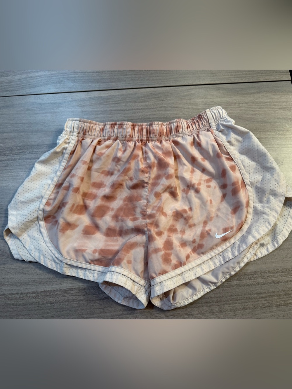 Nike Women’s Peach Tie-Dye Athletic Shorts with White Accents